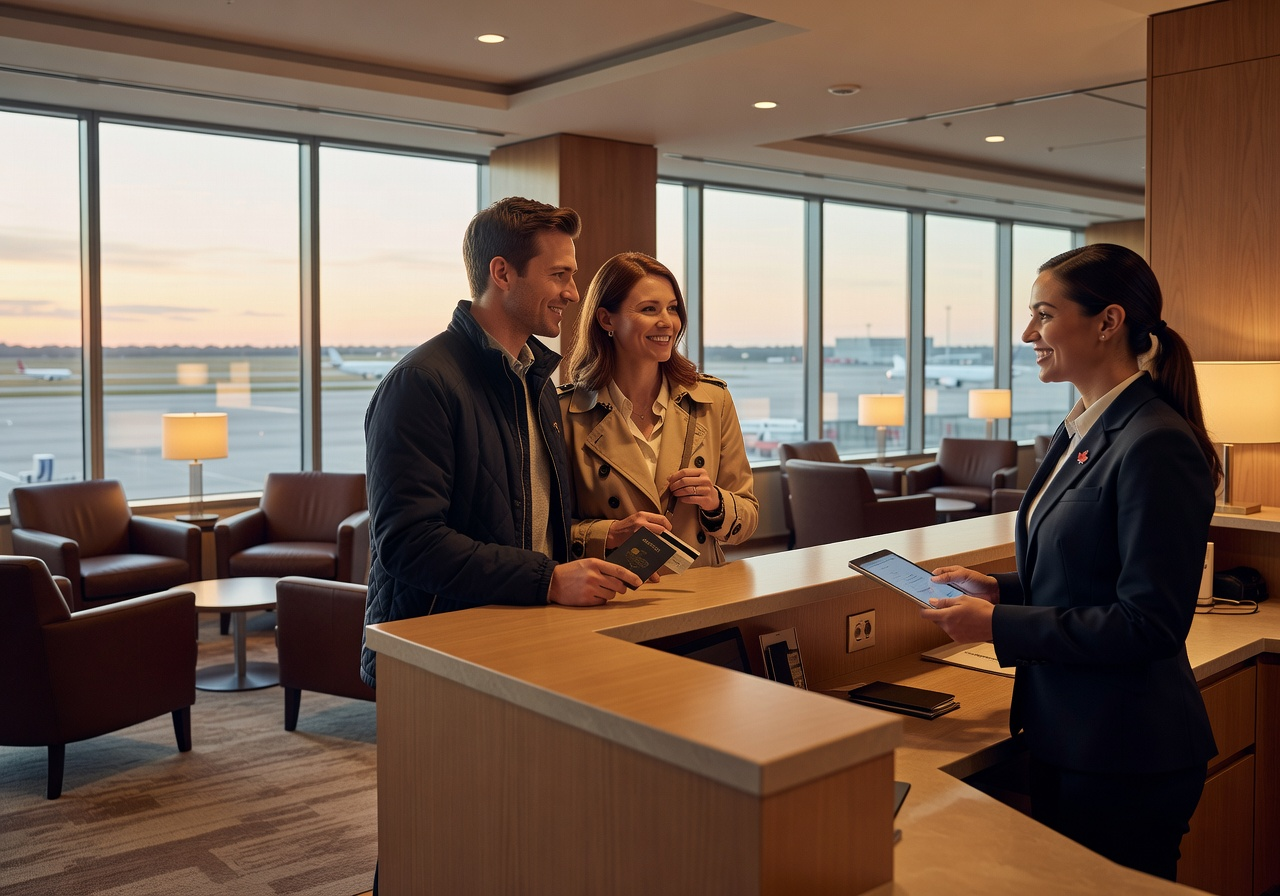 Two travellers checking into a Canadian airport lounge together