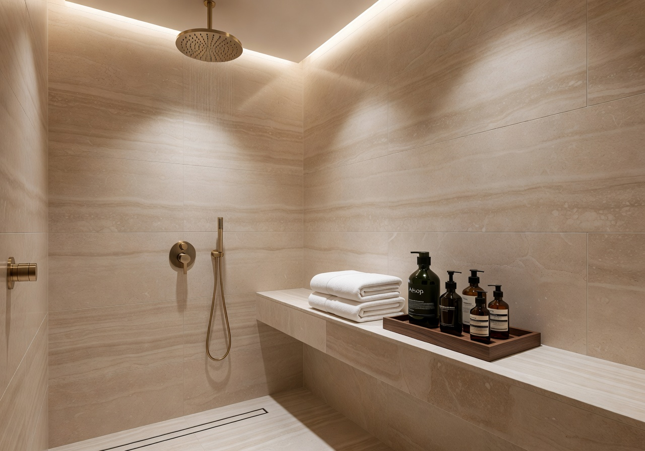 Premium airport lounge shower suite with limestone tiles, rain shower, and Aesop bath products